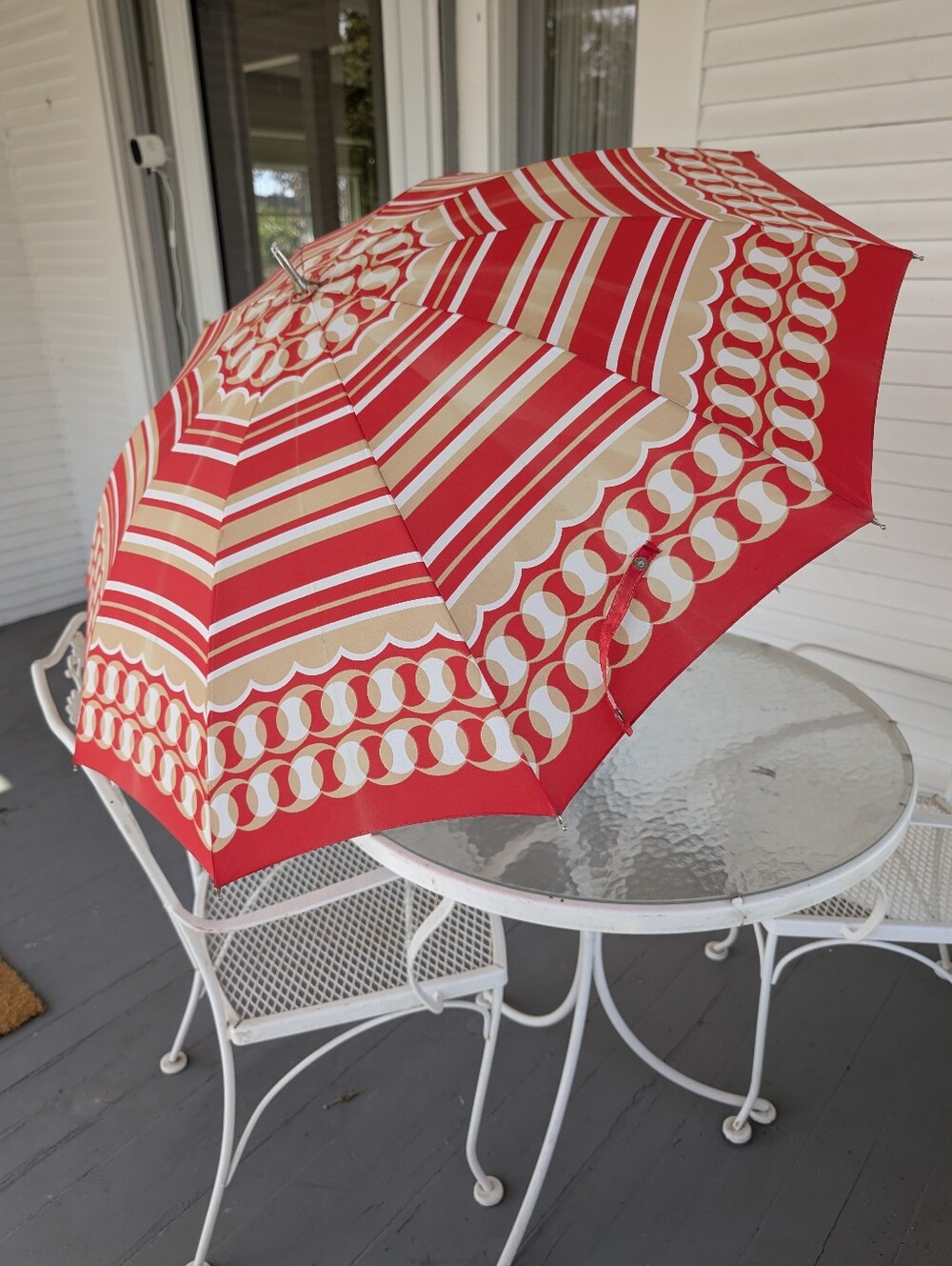 Vintage Tomato Red Cream Bamboo Patterned 1970s Umbrella Mint Condition